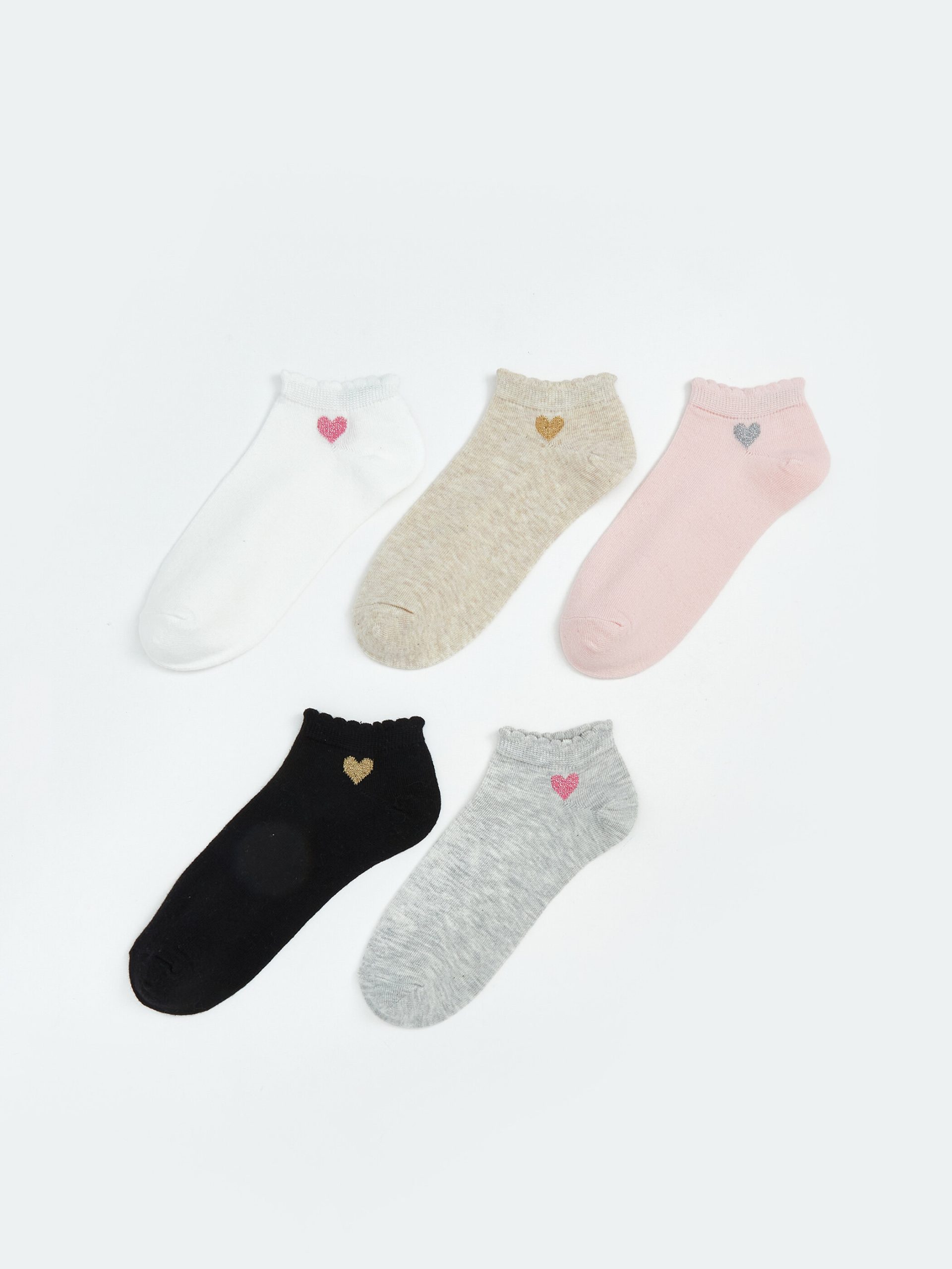 Girls' Heart-Patterned Ankle Socks, Set of Five