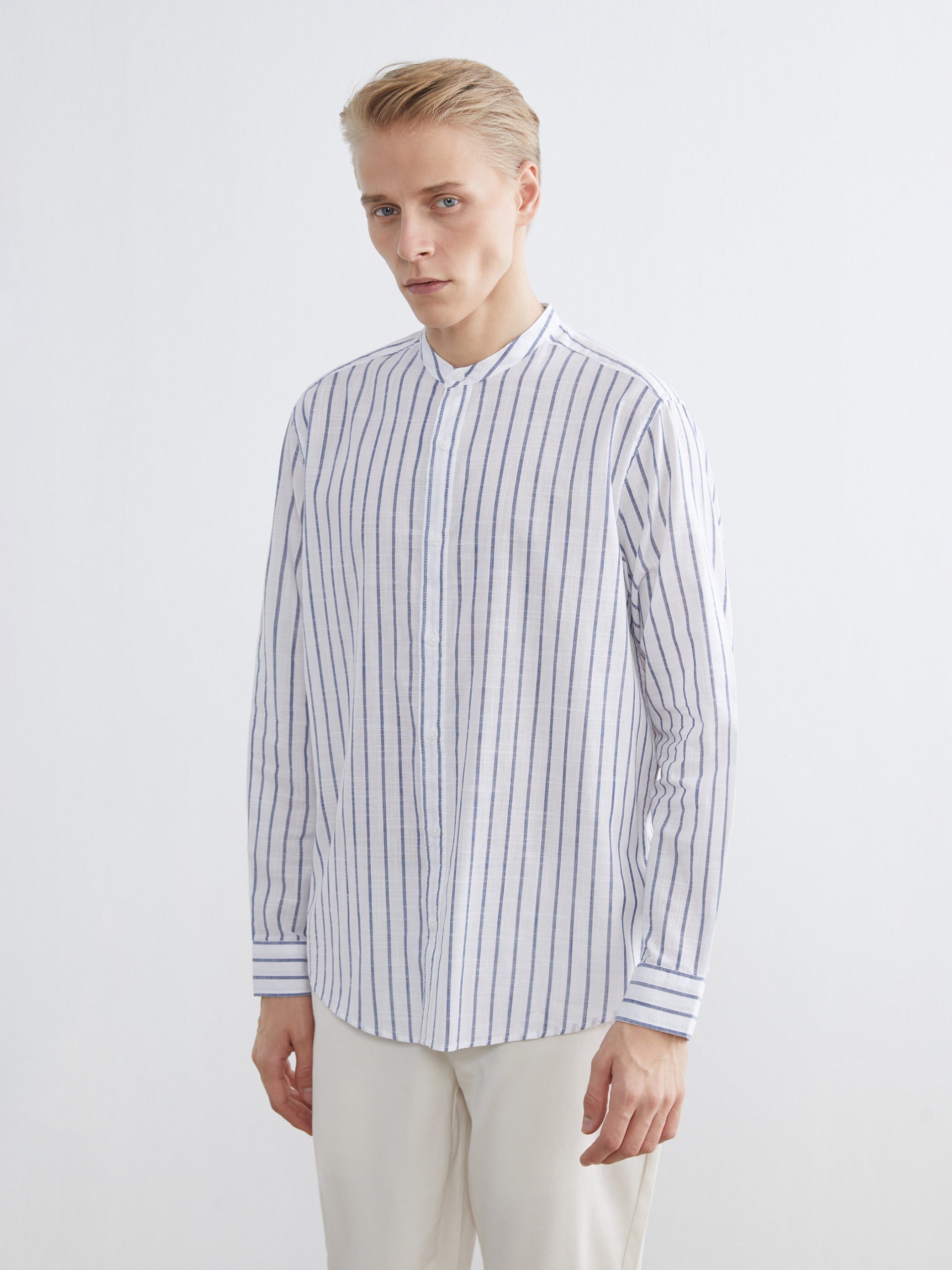 L_20261-S6AG92Z8-LGB-93-72-95-189_A.jpg Regular Fit Striped Men's Shirt with a Mandarin Collar - Image 1