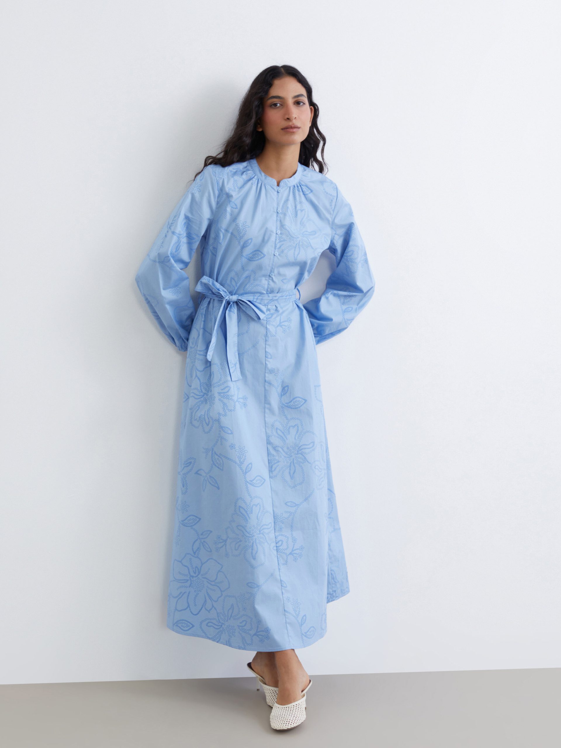 Embroidered Poplin Dress with a Mandarin Collar