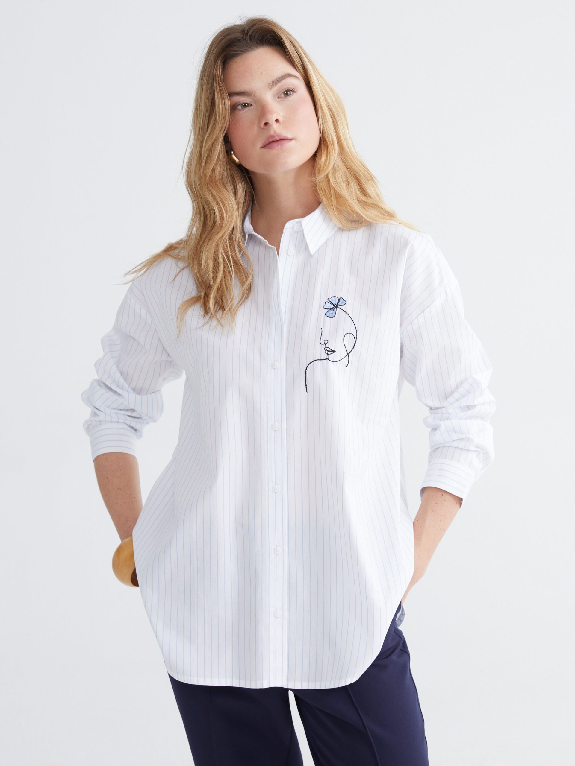 Striped Floral Embroidered Poplin Women's Shirt