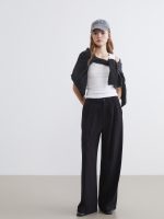Loose Fit Wide Leg Pleated Women's Fabric Trousers