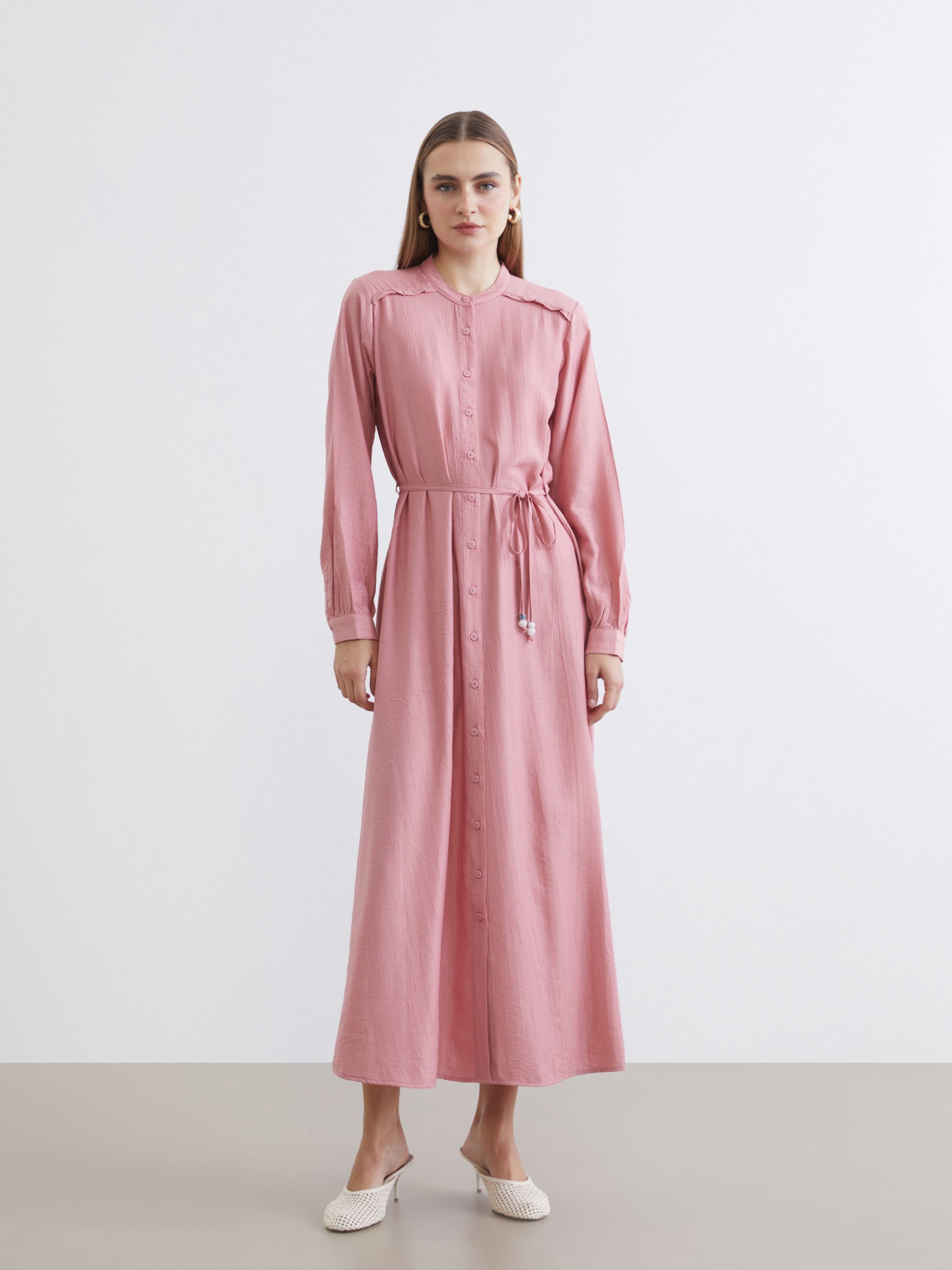 Grandad Collar Sash Waist Shirt Dress