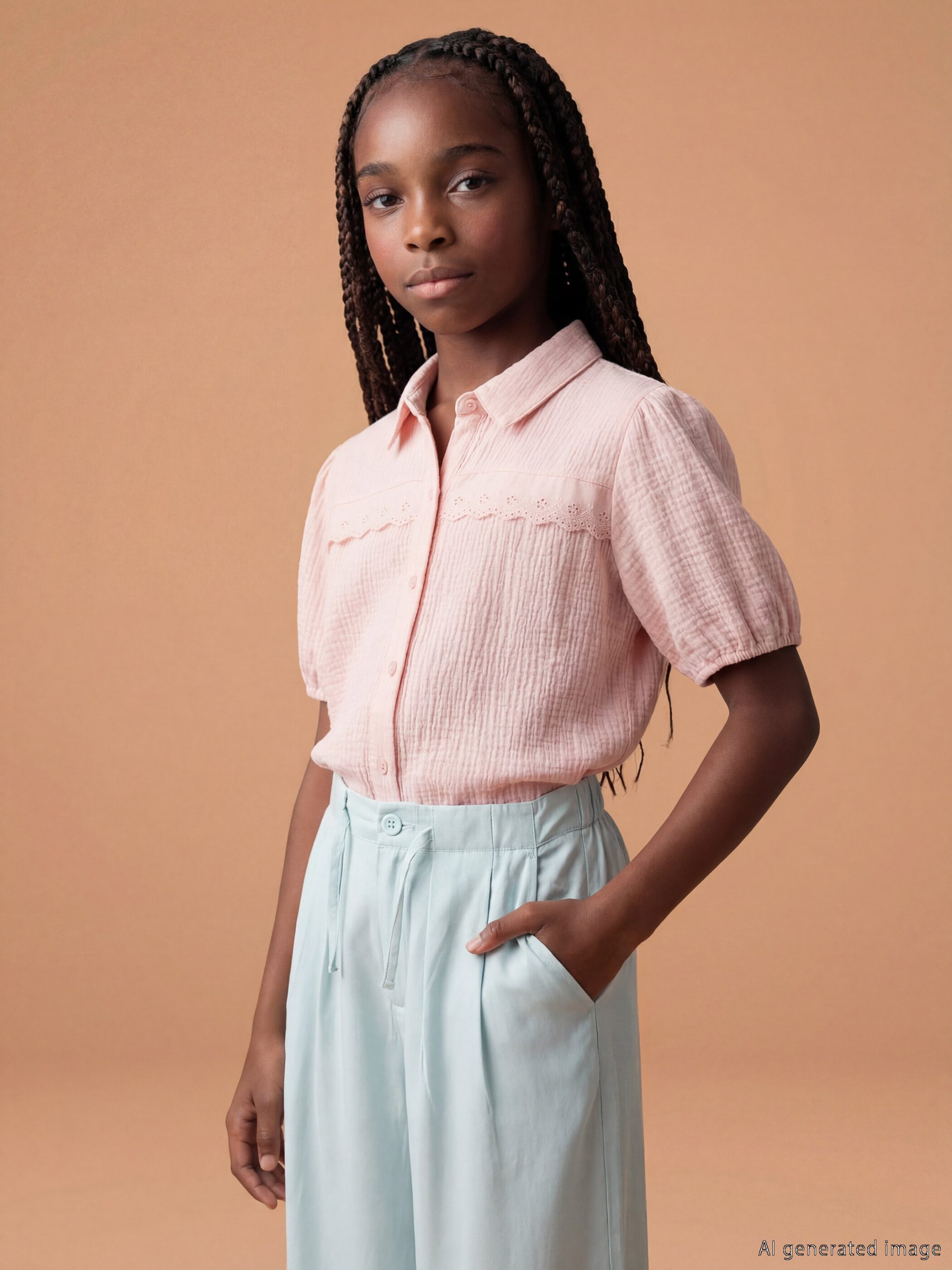 L_20261-S6AU73Z4-G4J-138-32_5.jpg Girls' muslin shirt with eyelet detailing. - Image 1