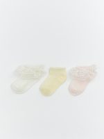 Baby girl's three-pack of sock booties with lace detailing.