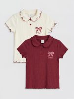 Polo Collar Printed Girls' Ribbed T-Shirt 2-Pack