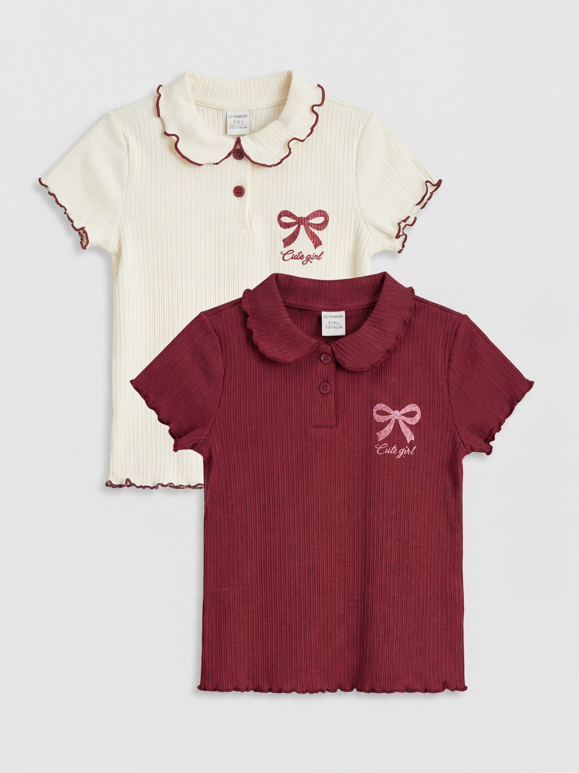 Polo Collar Printed Girls' Ribbed T-Shirt 2-Pack