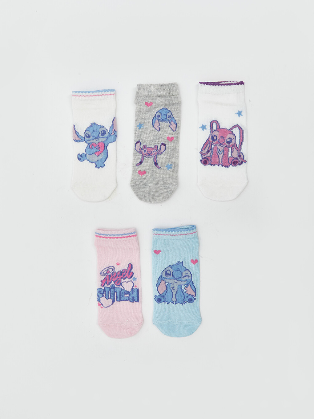 Stitch and Angel Patterned Girls' Trainer Socks 5 Pack