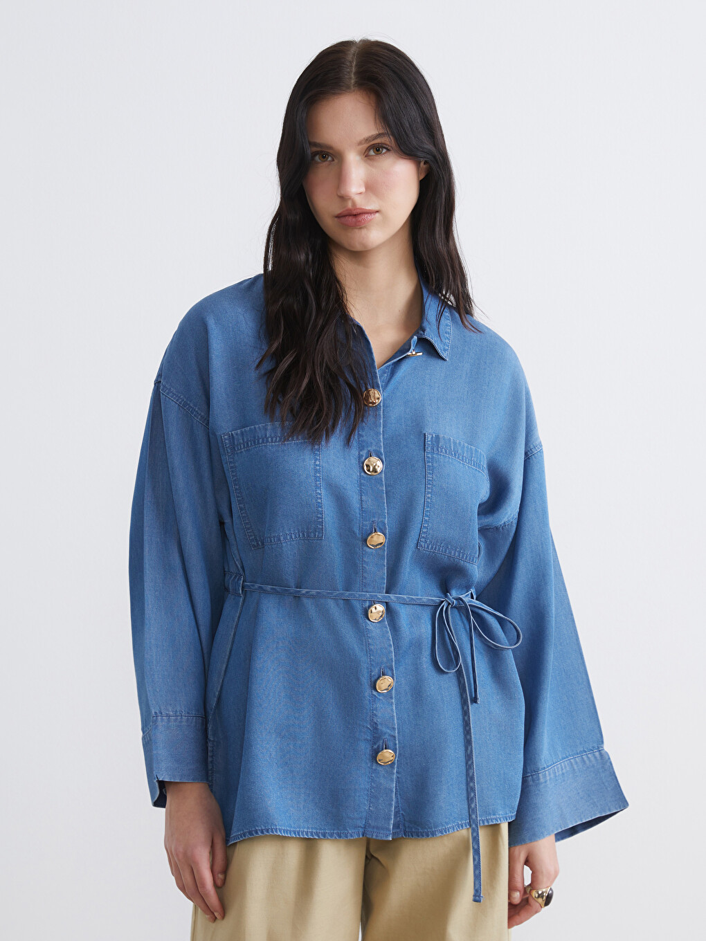 Sash Oversize Women's Denim Shirt Tunic