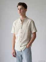 Boys' Striped Grandad Collar Short Sleeve Shirt