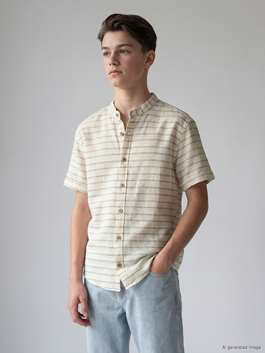 Boys' Striped Grandad Collar Short Sleeve Shirt