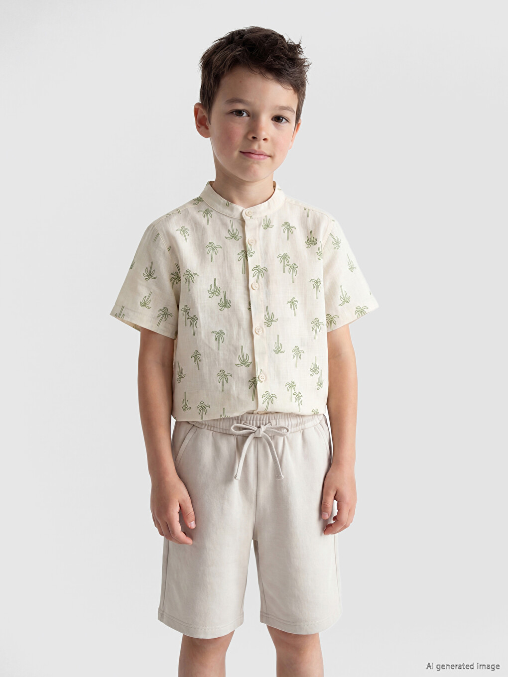 Grandad Collar Printed Poplin Boys' Shirt