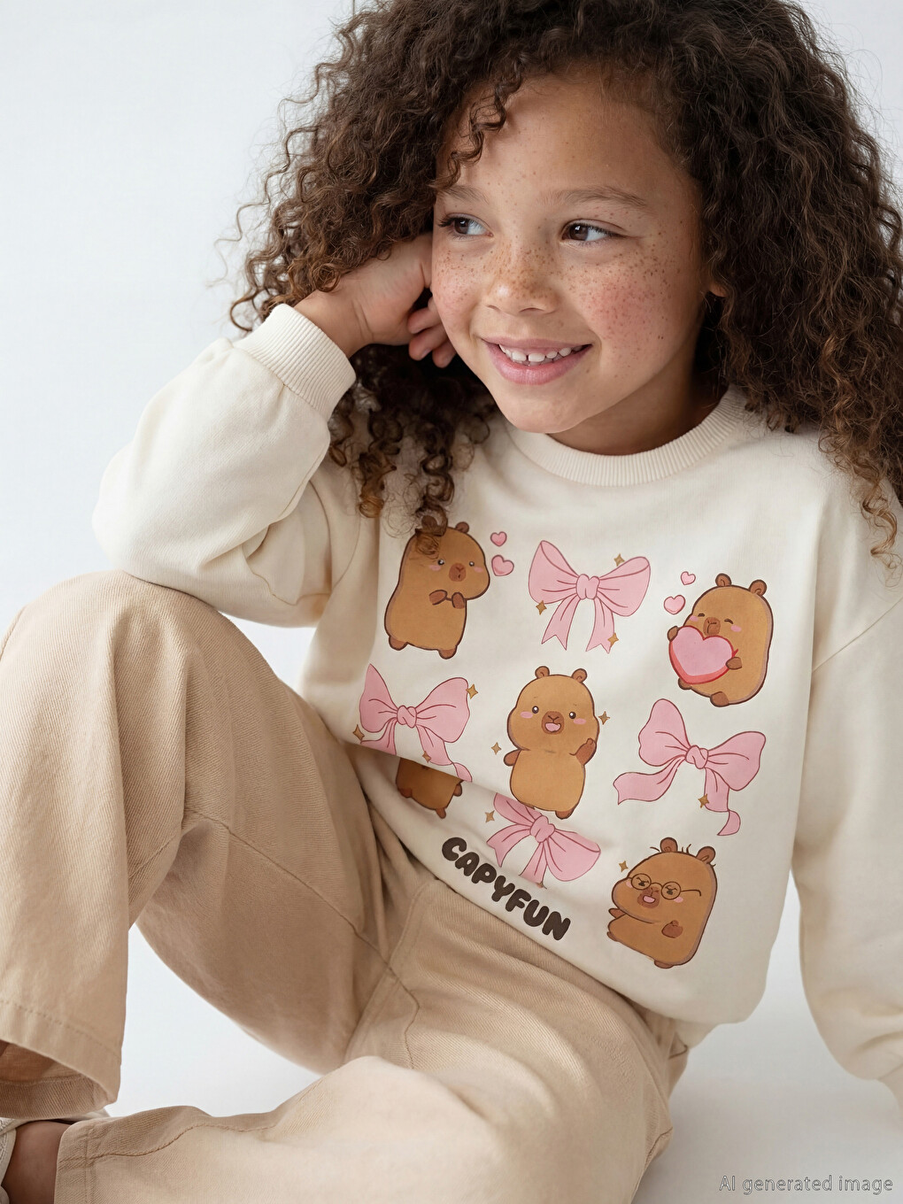 Crew Neck Capyfun Printed Girls' Sweatshirt