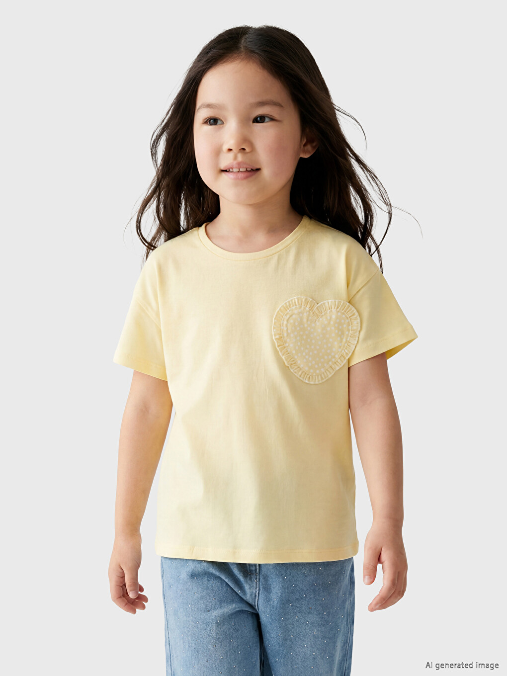 Crew Neck Heart Detailed Girls' T-Shirt