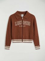 Polo Collar Zippered Knit Girls' Cardigan - Image 3