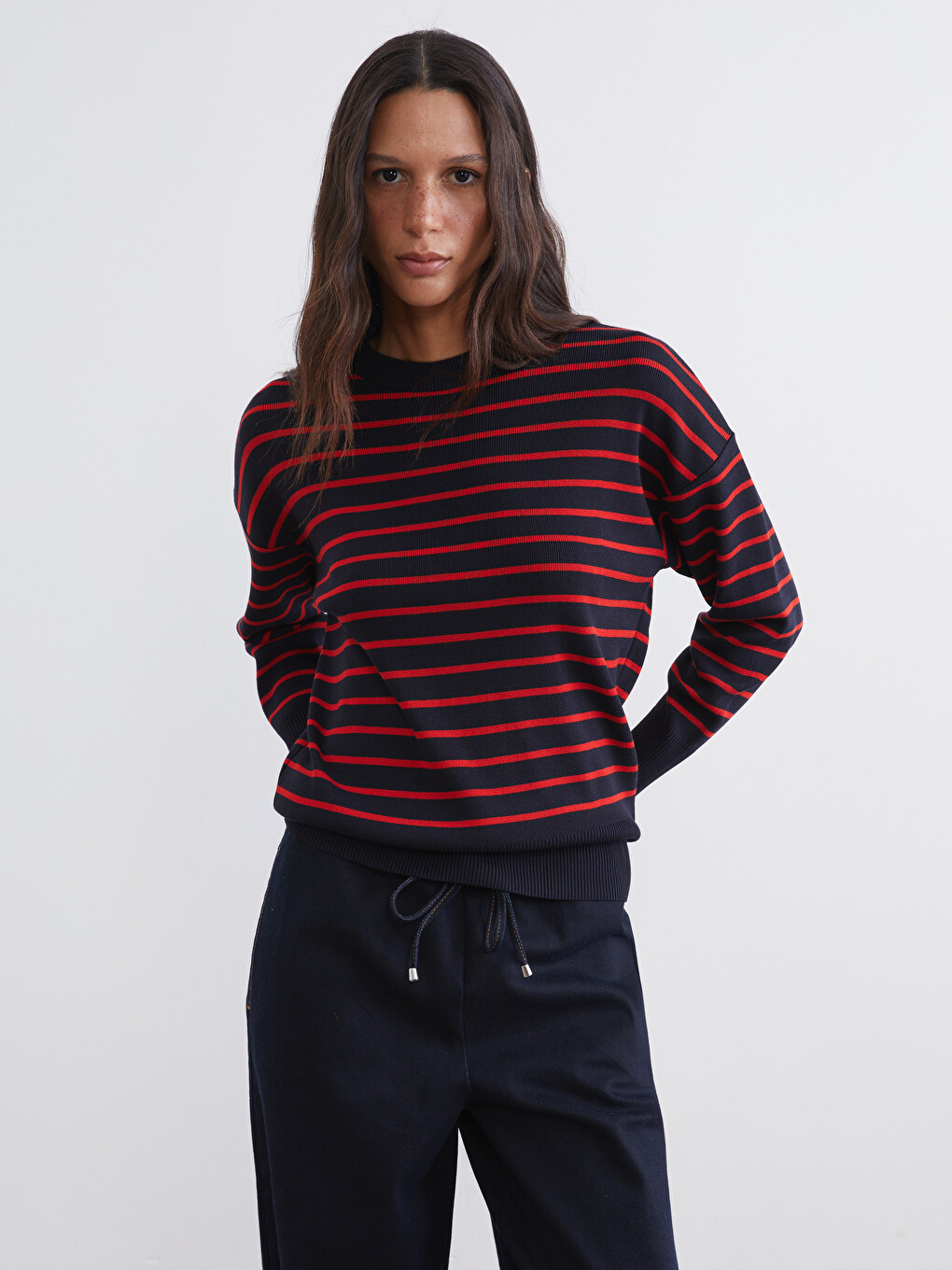 Crew Neck Striped Women's Knitwear Sweater